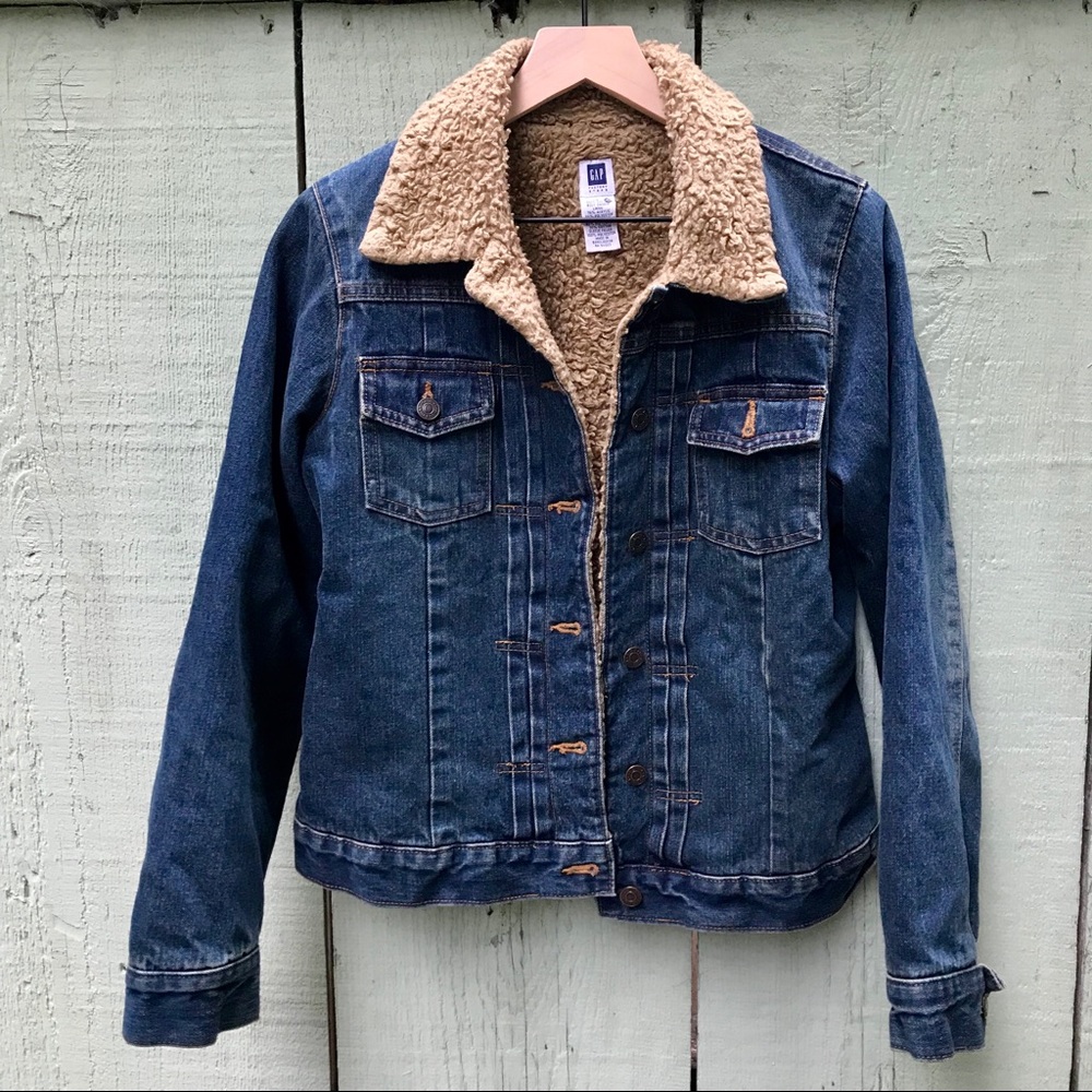 GAP Dark Blue Denim Jacket with Cream Sherpa Collar